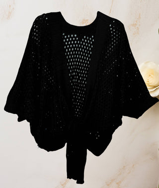 Eyelet Open-Knit Metallic Cardigan with Front Tie