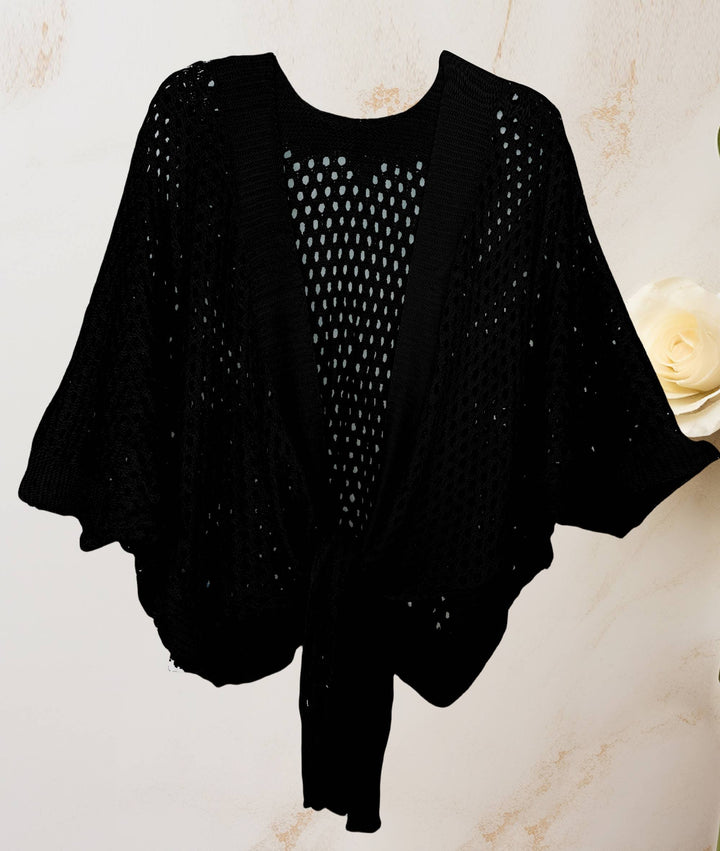 Eyelet Open-Knit Metallic Cardigan with Front Tie