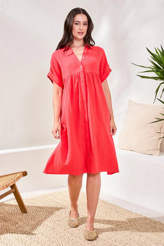 Tribal Crinkle Gauze Short Sleeve Empire Waist Midi Dress Coral Red