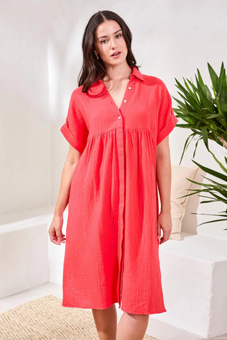 Tribal Crinkle Gauze Short Sleeve Empire Waist Midi Dress Coral Red