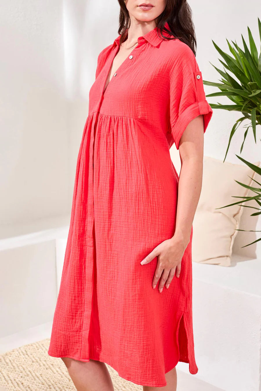 Tribal Crinkle Gauze Short Sleeve Empire Waist Midi Dress Coral Red