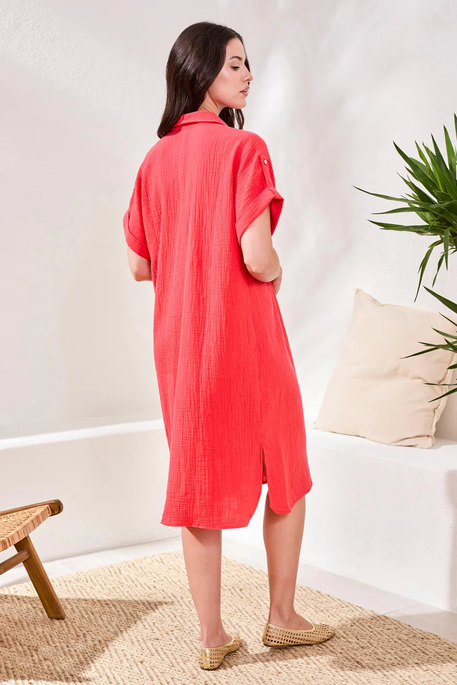 Tribal Crinkle Gauze Short Sleeve Empire Waist Midi Dress Coral Red