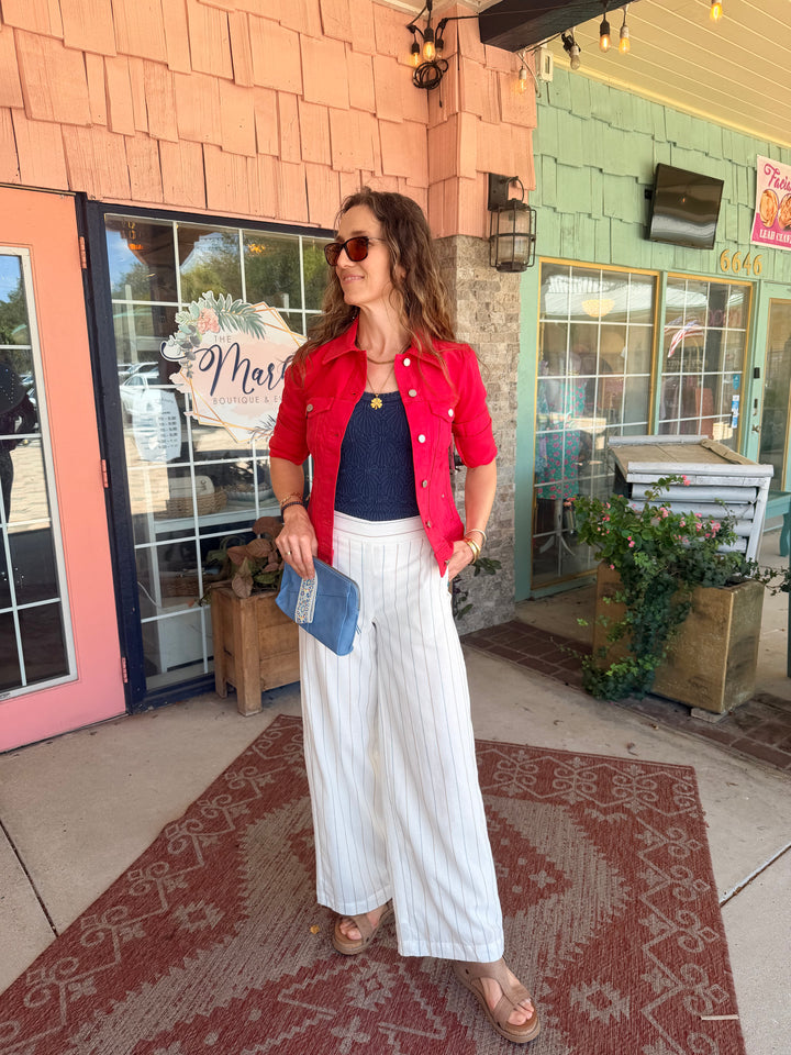 Liverpool Pull-on Wide Leg Pant Cream Blue Multi Stripe