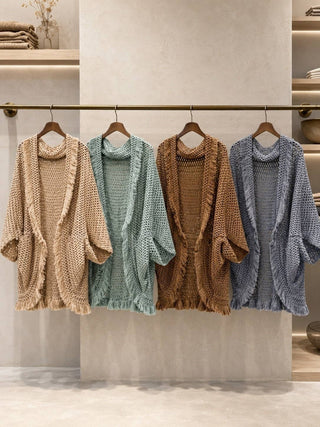 Artisanal Crochet-Look Cocoon Cardigan with Fringe Trim