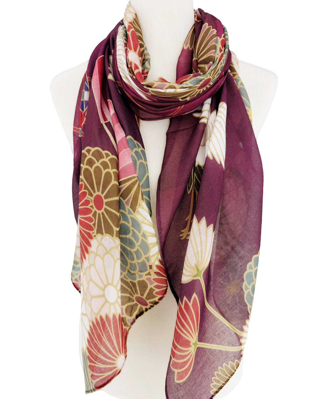 Burgundy-Multi Crane &amp; Floral Scarf