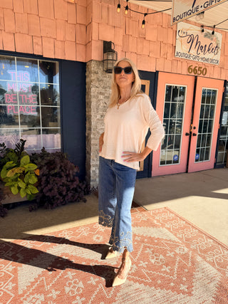 Charlie B Foil Print V-Neck 3/4 Sleeve Top  - Champagne