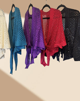 Eyelet Open-Knit Metallic Cardigan with Front Tie