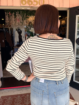 Tribal Striped Boat Neck Long Sleeve Knit Top With Button Cuffs Black