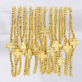 Splendid Iris 3mm Beaded Stretch Bracelet with Single Gold Cross