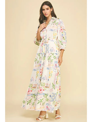 Print Button Down Maxi Dress - Cream Multi