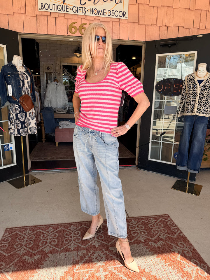Liverpool Half Sleeve Scoop Neck Knit Top - Pink Multi Stripe