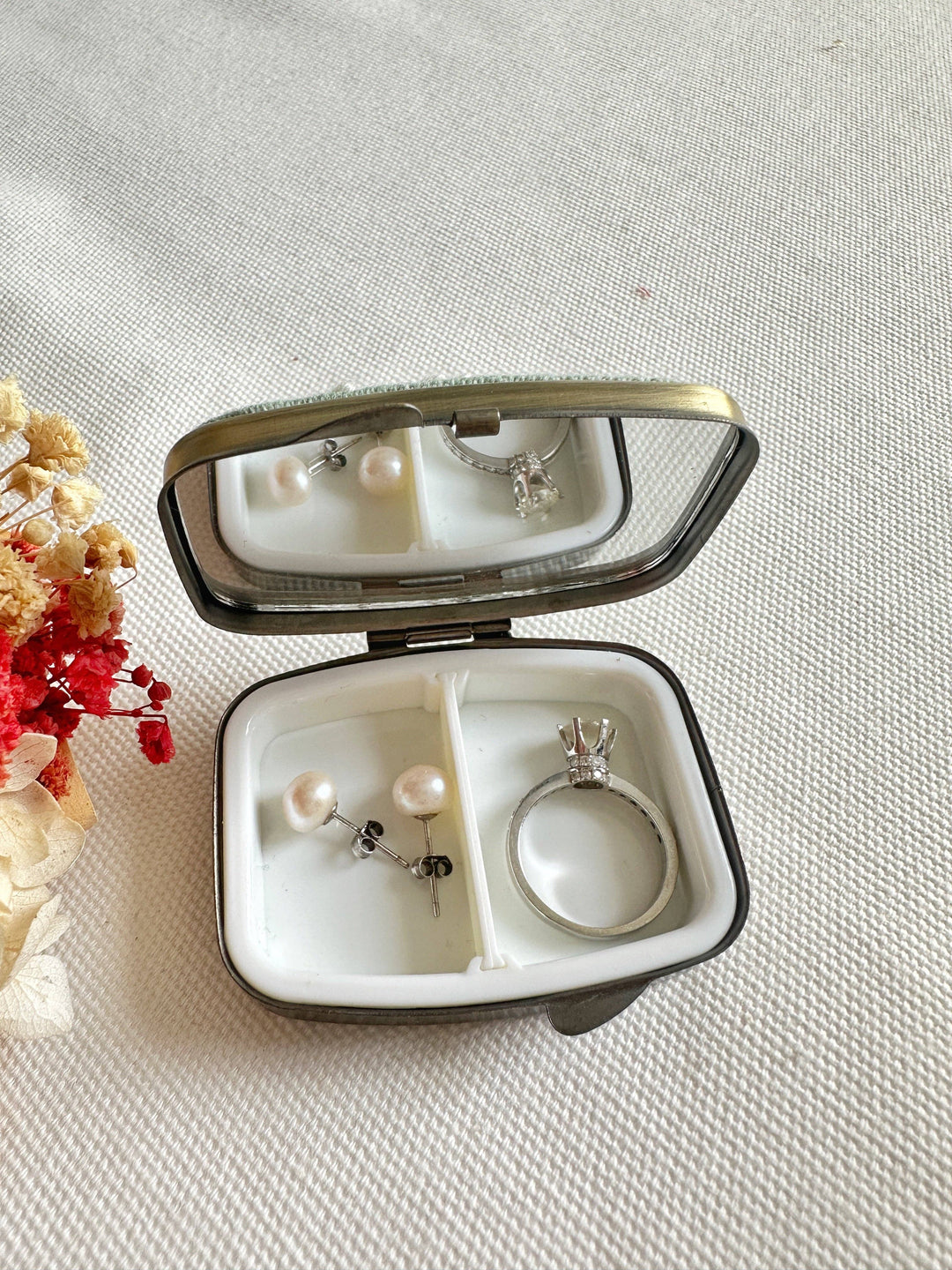 Floral Embroidered Rectangle Mini Jewelry Box (or Pill Box) With Mirror