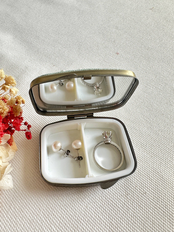 Floral Embroidered Rectangle Mini Jewelry Box (or Pill Box) With Mirror