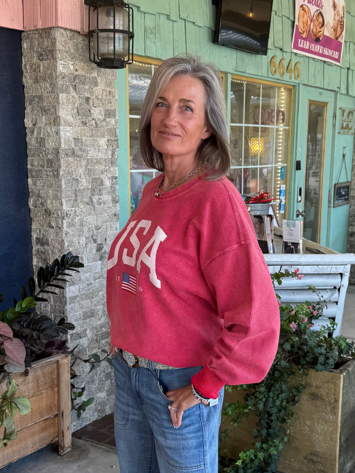 USA EST 1776  Cropped Thermal Vintage Pullover - Cranberry