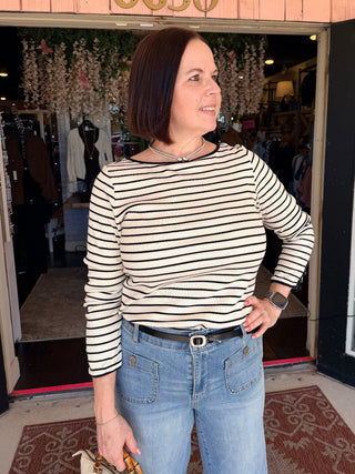 Tribal Striped Boat Neck Long Sleeve Knit Top With Button Cuffs Black