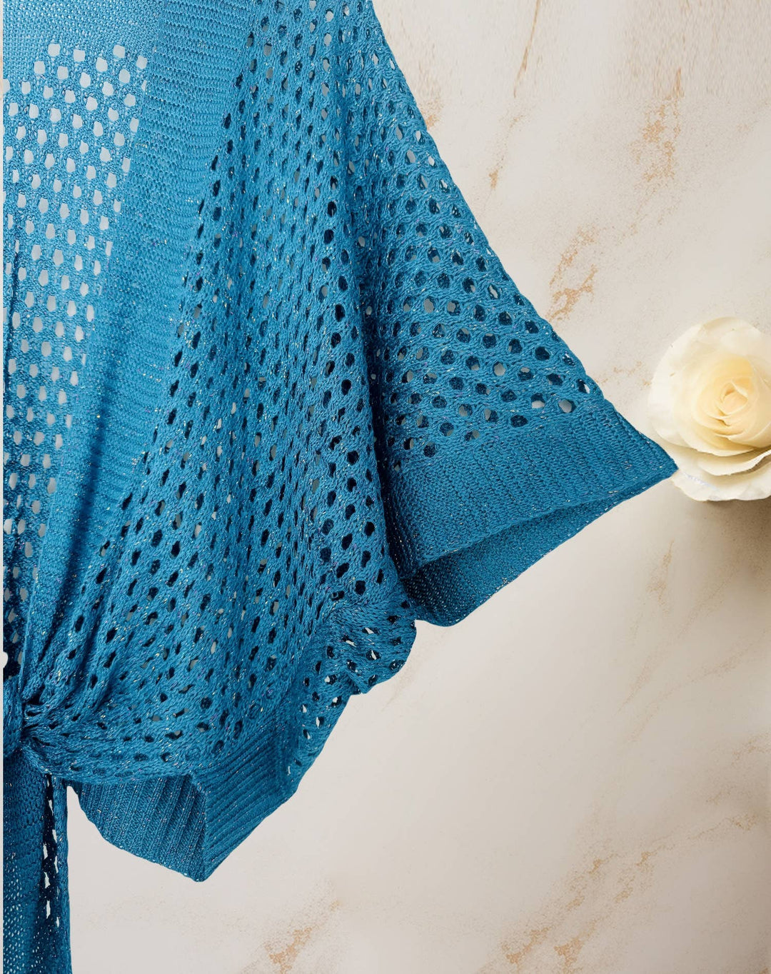Eyelet Open-Knit Metallic Cardigan with Front Tie