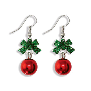 Earrings-Green Bow Red Ornament