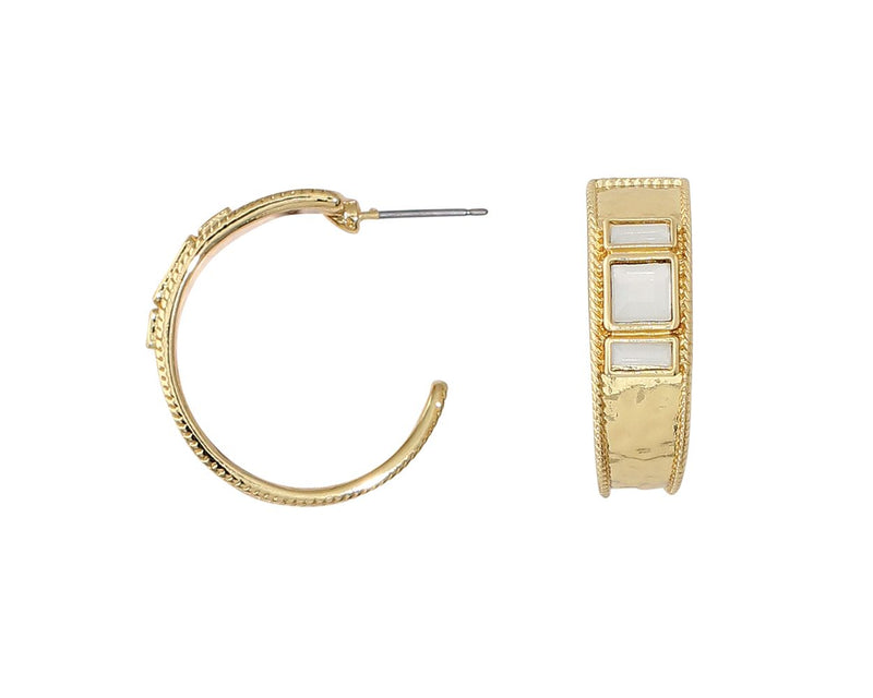 Gold Hammered Hoops with Stone Earrings