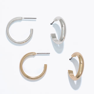 Periwinkle Earrings-Duo Gold + Silver Hoops