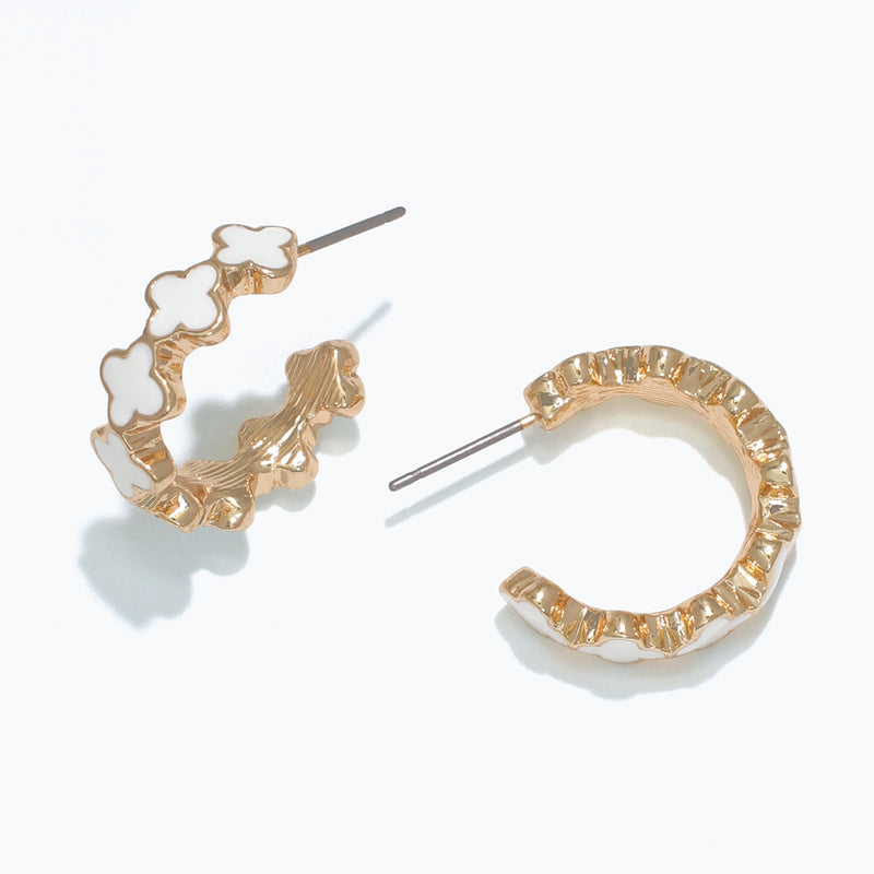 Earrings-Gold+White Clover Hoops