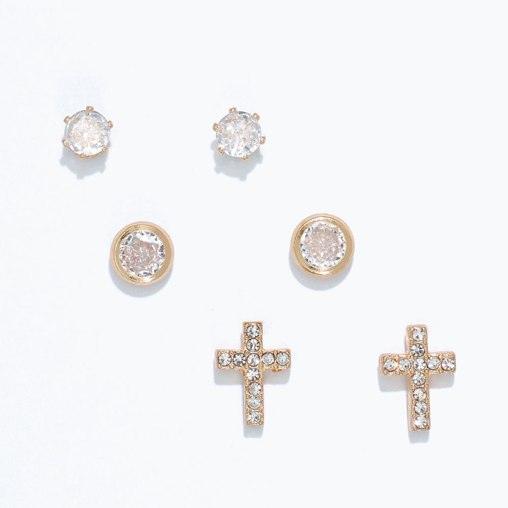 Periwinkle Earrings-Trio CZ Studs and Cross