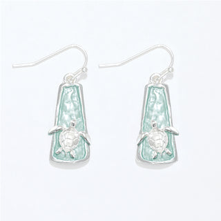 Earring-Aqua enamel w Silver Turtle