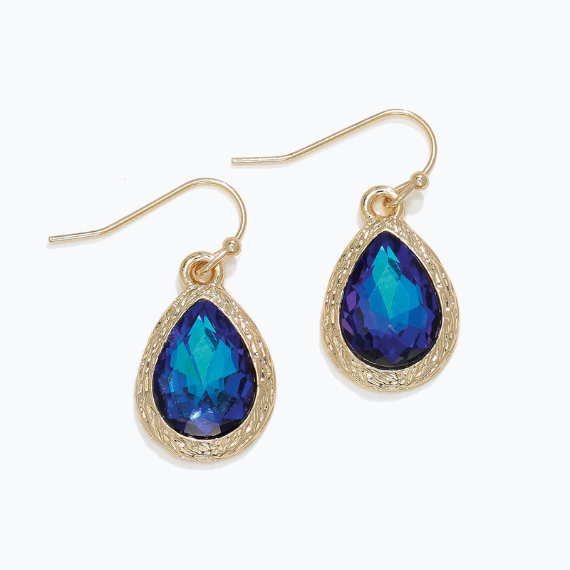 Earrings-Blue Crystal w Gold Teardr