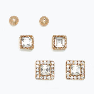 Earrings-Trio Gold w Square Crystal