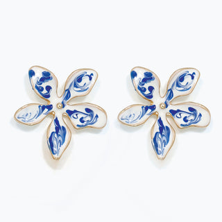 Earrings-Blue + White Enamel Flower