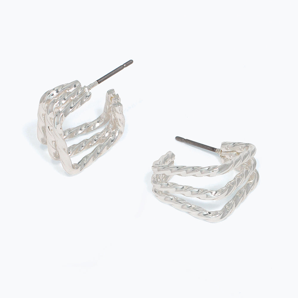 Earrings-3 Strand Silver Square Hoo