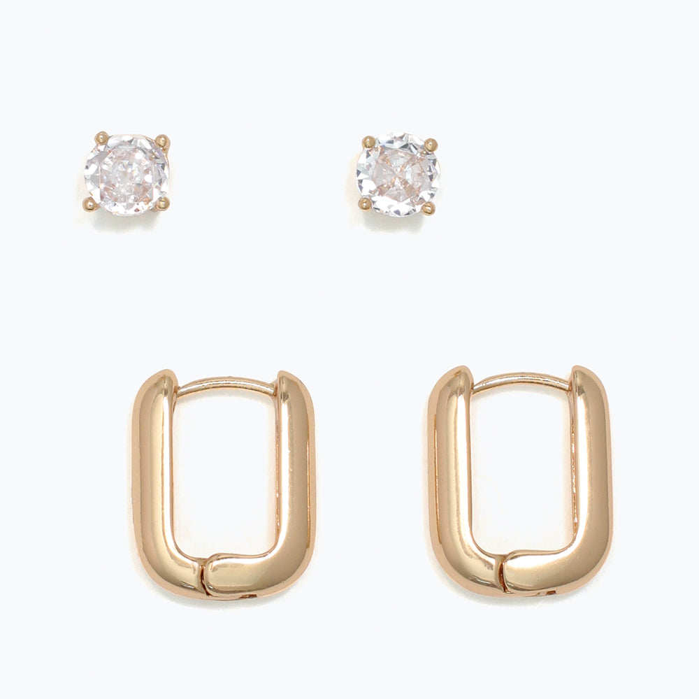Earrings-CZ Studs + Gold Huggie