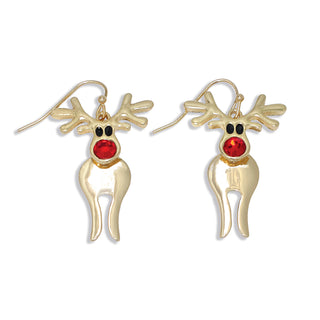Earrings-Gold Rudolph w Red Crystal