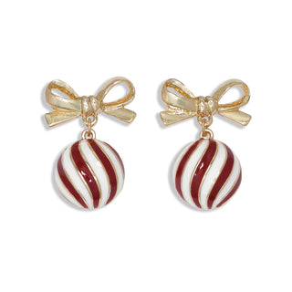 Periwinkle Earrings-Gld Bows w Red & Wht Swirl