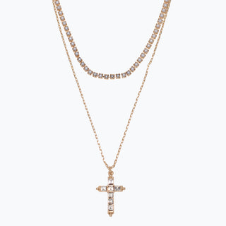 Periwinkle Necklace-Gold Pearls + Crystal Cros
