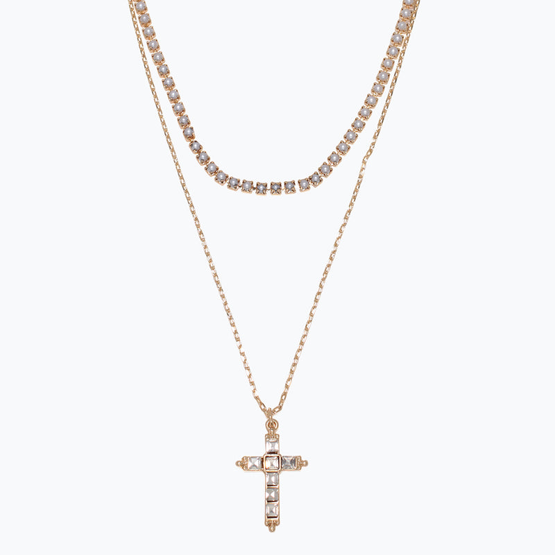 Necklace-Gold Pearls + Crystal Cros