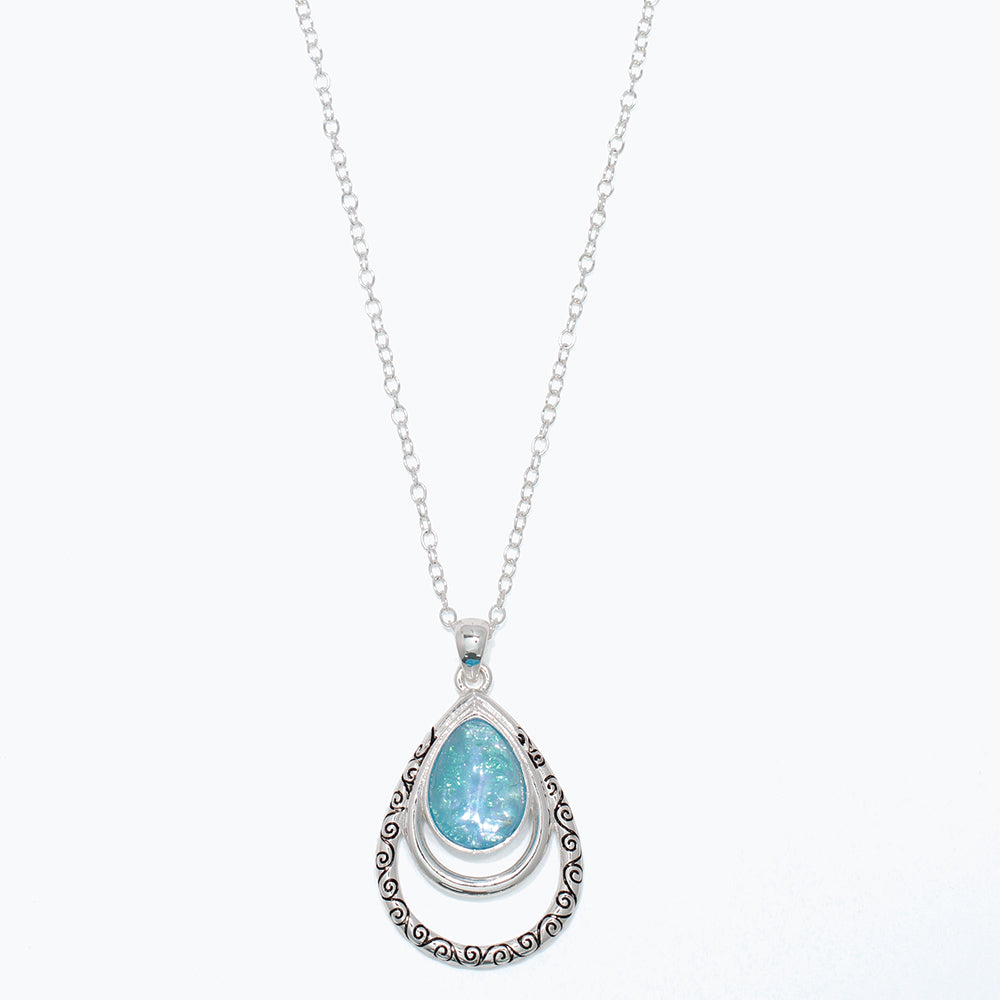 Necklace-Silver Filigree w Aqua Inl
