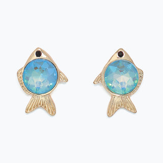Cuties Earrings-Gold Fish w Aqua Crystal