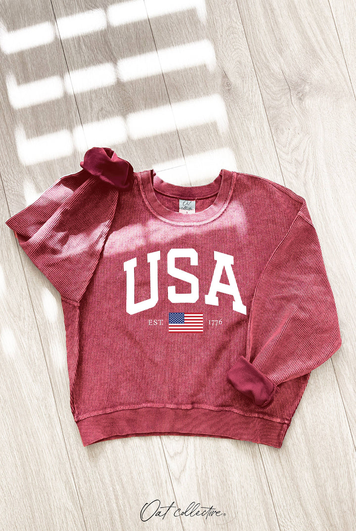 USA EST 1776  Cropped Thermal Vintage Pullover - Cranberry