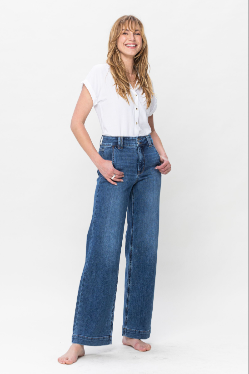 82558 FINAL SALE Judy Blue High Waist Double Button Wide Leg Jeans - Sizes 0-22W Curvy