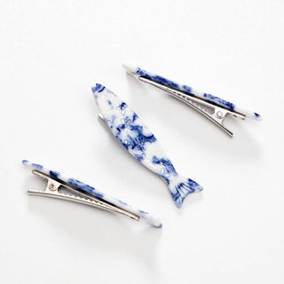 Coastal Blue Floral Sardine Fish Barrette Hair Clip