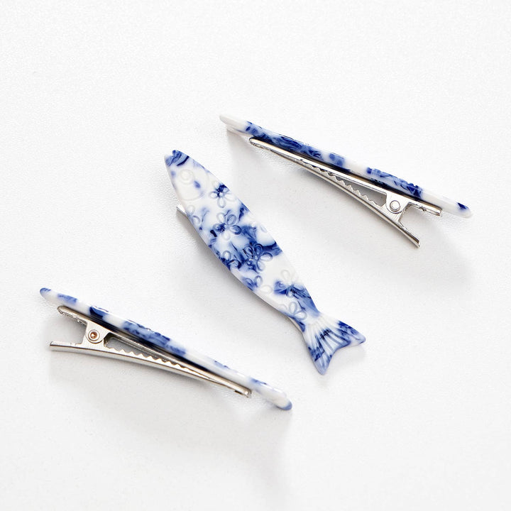 Coastal Blue Floral Sardine Fish Barrette Hair Clip