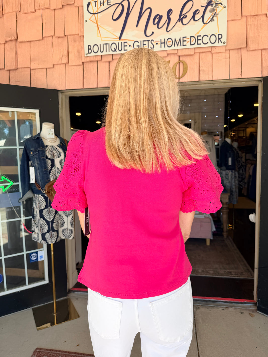 Liverpool Short Sleeve Knit to Woven Top With Embroidery - Diva Pink