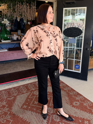 Tribal Flowy Dolman Sleeve Blouse With Self-Covering Buttons Suede