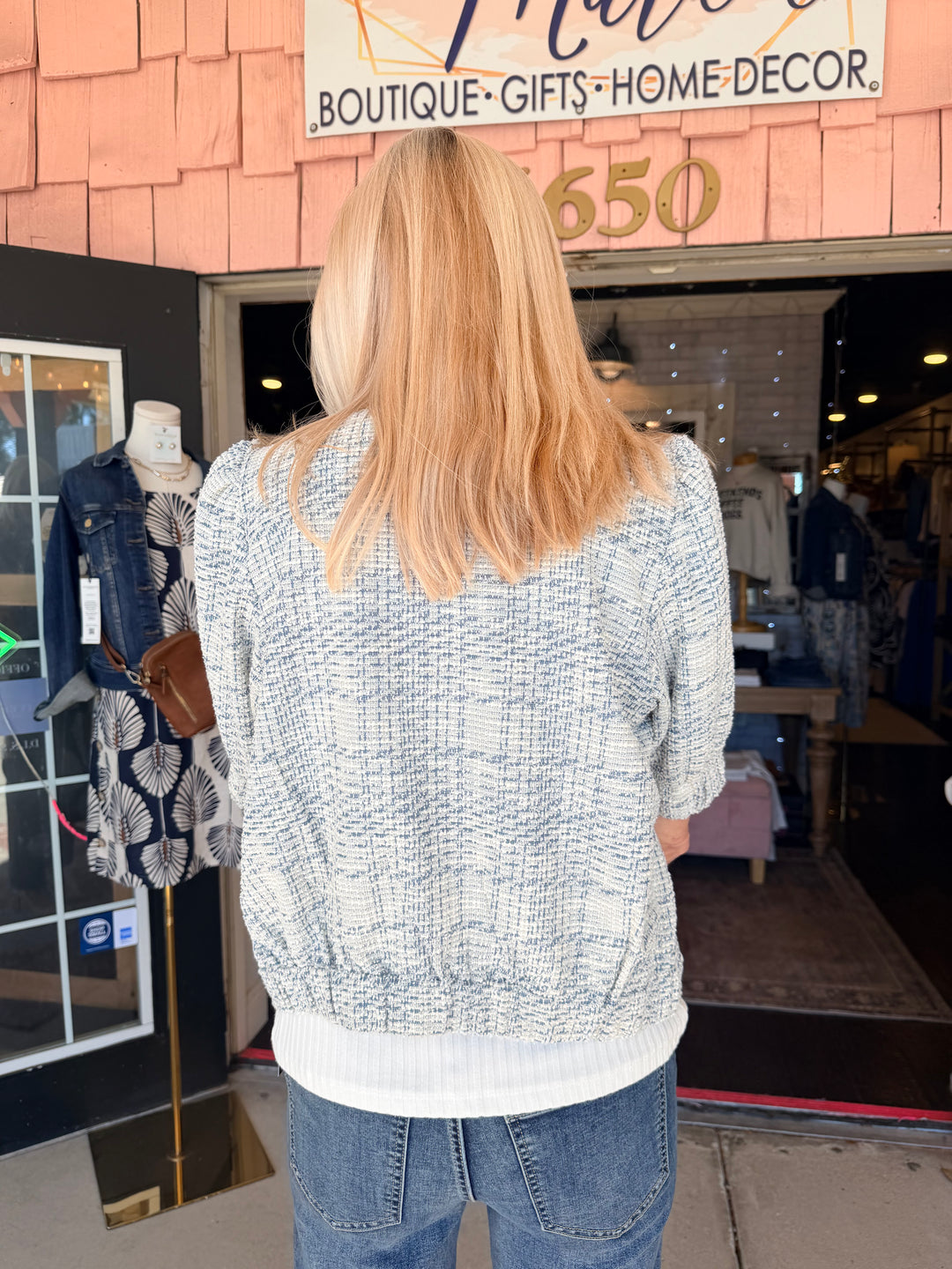 Liverpool Short Puff Sleeve Cropped Jacket - Cream Blue Plaid