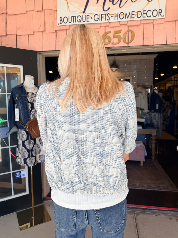Liverpool Short Puff Sleeve Cropped Jacket - Cream Blue Plaid