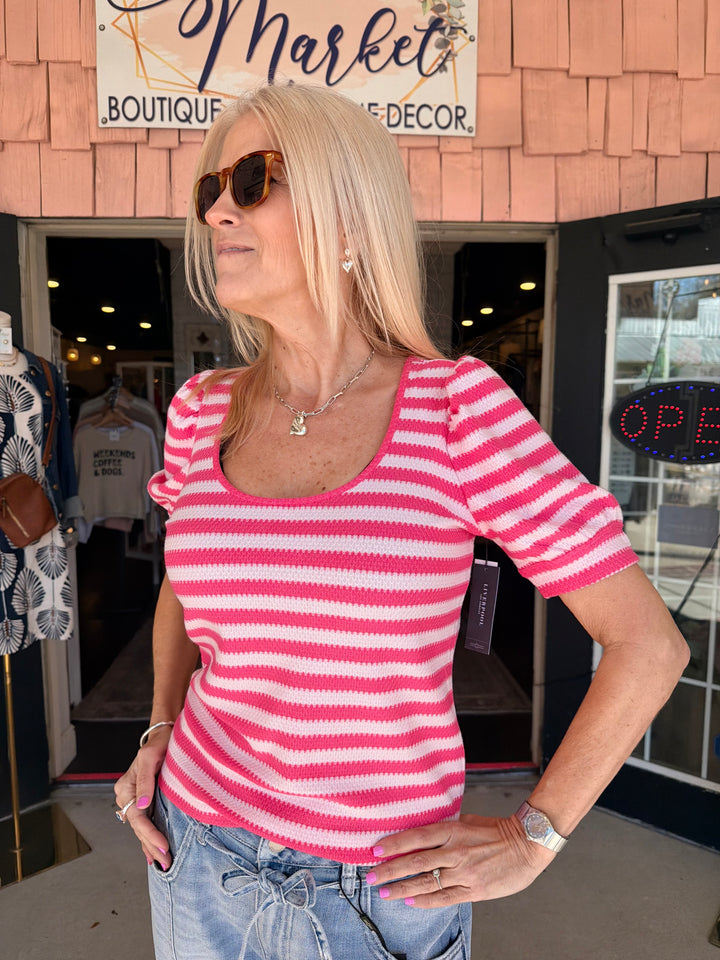 Liverpool Half Sleeve Scoop Neck Knit Top - Pink Multi Stripe