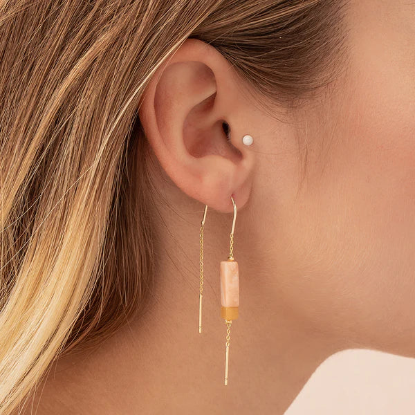 Scout - Rectangle Stone Thread Earring - Rose Quartz/Amber/Gold