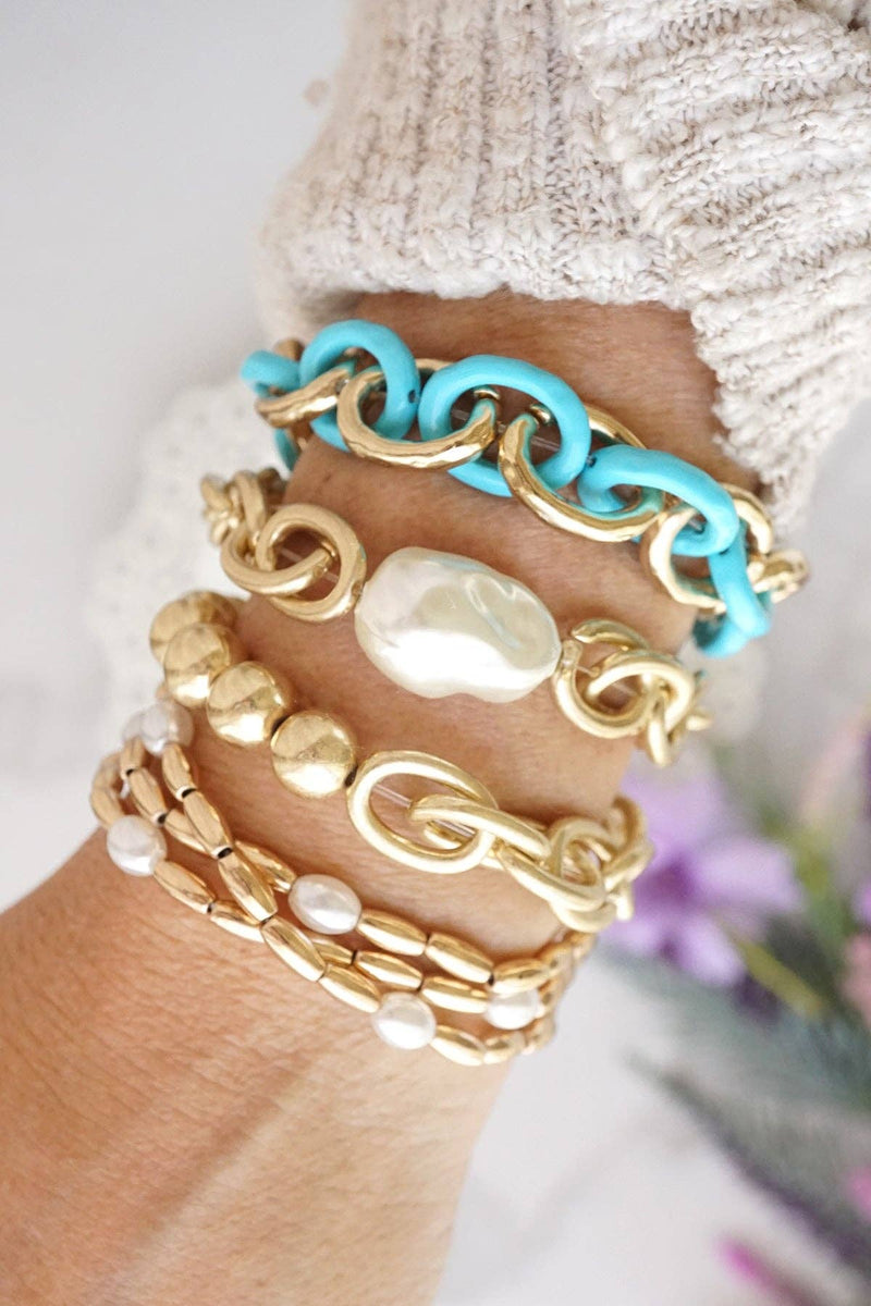 Gold tone and pearls beaded bracelet stack of 3 bracelets