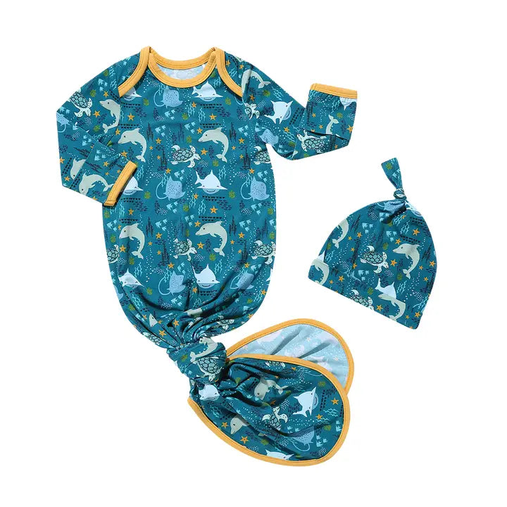 Emerson &amp; Friends Ocean Friends Bamboo Knotted Baby Gown Newborn Baby Gift Set