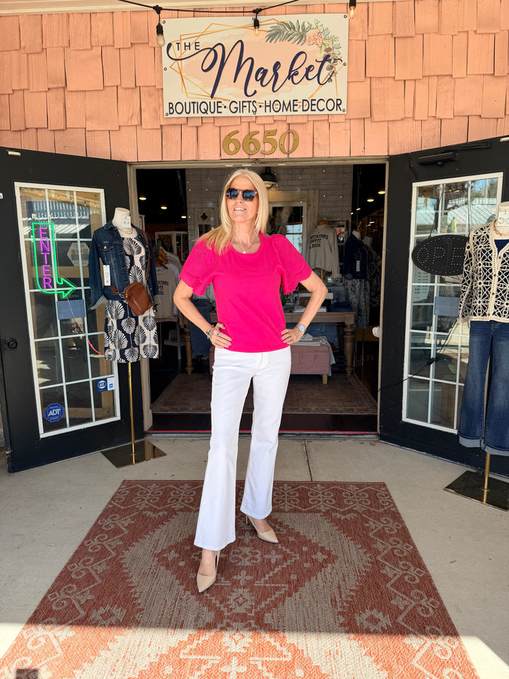 Liverpool Short Sleeve Knit to Woven Top With Embroidery - Diva Pink